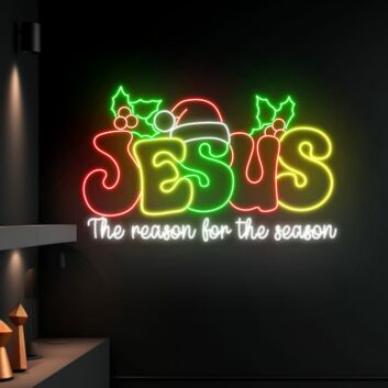Brighten Your Holidays: Jesus The Reason For The Season Led Neon Sign for Festive Home Decor, Office Celebrations, and Christmas Gatherings.