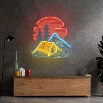 Camping Under Red Moon Led Neon Sign Light Pop Art