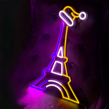 Eiffel Tower with Santa Hat Neon Sign