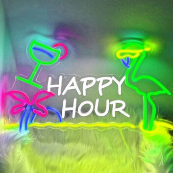 Happy Hour Flamingo Sunglasses Palm Tree Neon Sign