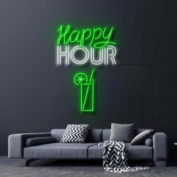 Happy Hour With Alcoholic Drink Neon Sign for Bars and Social Spaces