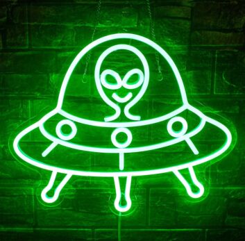 Green UFO Neon Sign Alien Theme Kids Room