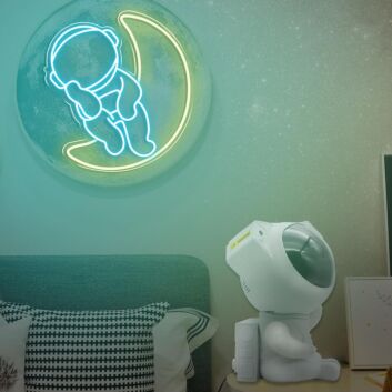 Ice Blue Astronauts Sitting on the Moon Neon Sign Space Kids Room