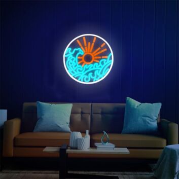 Ice Blue Waves and Orange Sun Mystery Neon Sign Living Room Accent