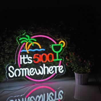 It&#039;s 5 O&#039;clock Somewhere Green Coconut Beach Sun Wine Glass Neon Sign Bar Time