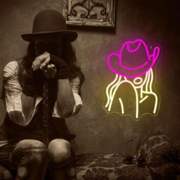 Woman in Deep Pink Hat Neon Sign Fashion Statement