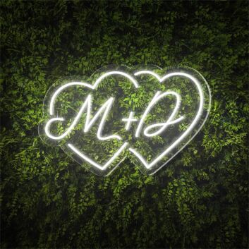 Add a Romantic Glow to Your Wedding, Anniversary, or Bedroom with the Couple Initials Heart Shapes M D Personalized LED Neon Sign.