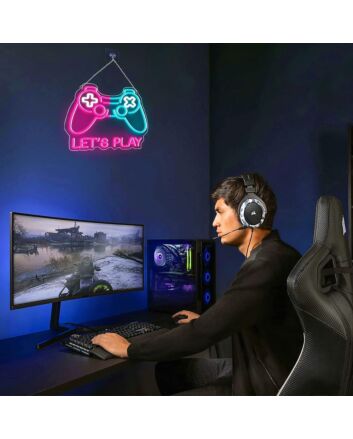 Brighten Up Your Gaming Room, Bar, or Teen&#039;s Bedroom with the Deep Pink And Ice Blue Patchwork Gamepad Neon Sign.