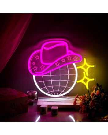 Add a Western Flair to Your Bedroom, Office, or Party Decor with the Deep Pink Cowboy Hat and White Mesh Balls Neon Sign.