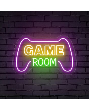 Enhance your gaming sanctuary or add a cool vibe to parties with the Game Room Words Console Controller Neon Sign.