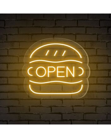 Brighten Up Your Burger Shop, Bar, or Food Truck Ambiance with the Open Word Neon Sign.