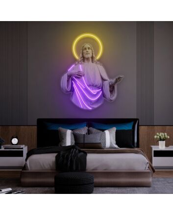 Brighten Your Spiritual Space: Jesus Christ LED UV Neon Sign, Perfect for Home Decor, Office Sanctuaries, and Inspirational Wall Art in Modern Living Rooms.
