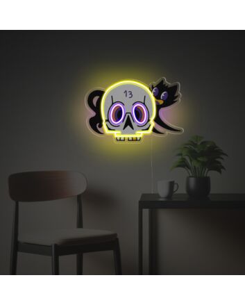 Add a hauntingly stylish touch to your home, bar, or Halloween party with Human Skull Head With Black Hat LED Neon Acrylic Artwork.
