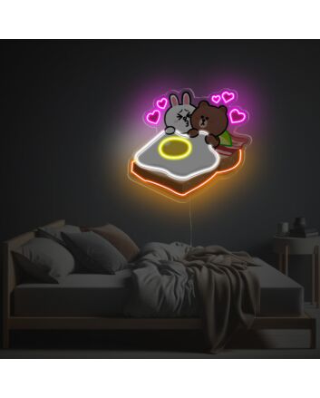 Brighten Up Your Nursery, Playroom, or Bedroom with the Whimsical Charm of Rabbit And Bear Sleeping On The Bread LED Neon Acrylic Artwork.