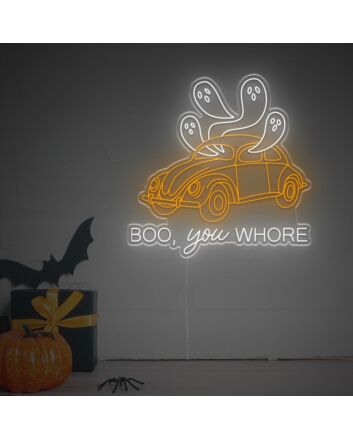 Light Up Your Halloween Festivities and Themed Parties with the Eerily Charming "Halloween Boo You Whore Ghosts In Car LED Neon Sign" - Perfect for Spooky Decor in Homes, Bars, and Event Venues.
