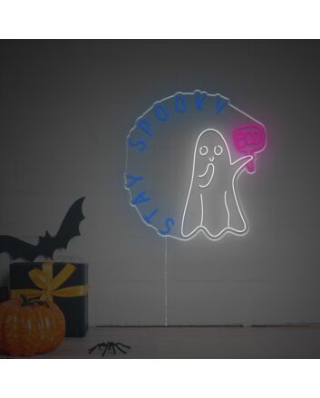 Elevate Your Halloween Festivities at Home, Office, or Bar with "Stay Spooky With Ghost Handing A Boo Sign" LED Neon Sign.