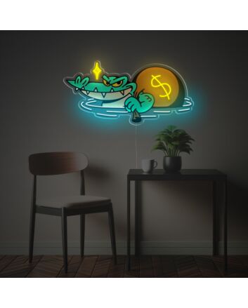 Brighten Your Bar, Office or Living Space with the Crocodile With Bag Of Money LED Neon Acrylic Artwork: A Unique Accent for Any Setting!