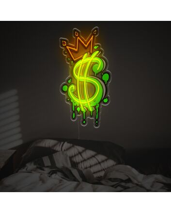 Elevate your space from home offices to bars with the eye-catching Dollar Sign With Crown LED Neon Acrylic Artwork.
