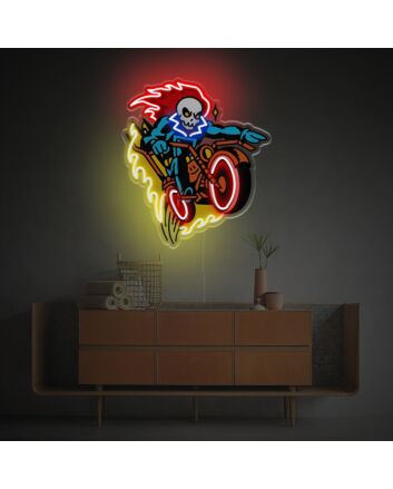 Elevate Your Bar, Man Cave, or Motorcycle Shop Ambiance with Grim Reaper Driving Heavy Motorcycle LED Neon Acrylic Artwork.