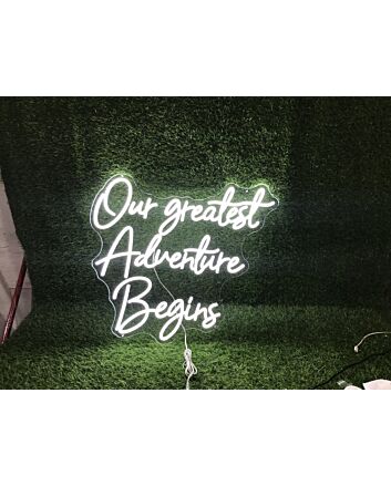 Light Up Your New Chapter: Our Greatest Adventure Begins White LED Neon Sign for Weddings, Home Decor, and Celebratory Events.