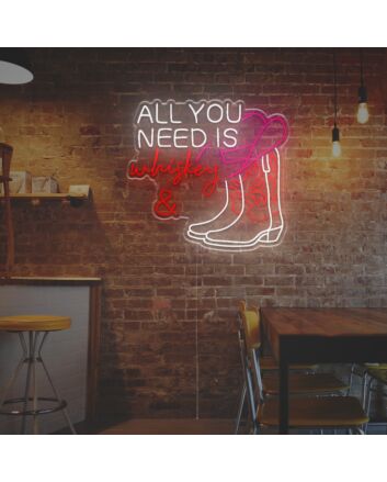 Elevate your bar or man cave ambiance with the All You Need Is Whiskey And Cow Boy Boost LED Neon Sign.