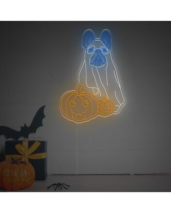 Brighten Up Your Home, Bar, or Halloween Bash with the French Bulldog Ghost With Pumpkin LED Neon Sign.