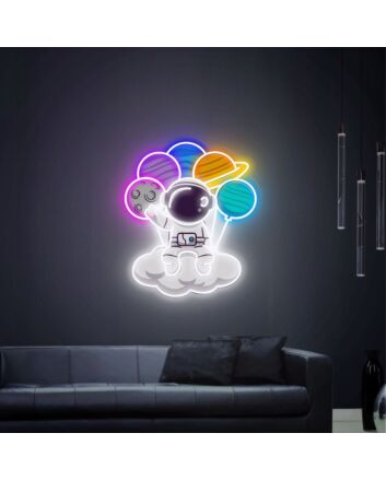 Light Up Your Space Adventures: Astronauts Sitting On Cloud Space UV Neon Sign Perfect for Kids’ Rooms, Home Offices, and Sci-Fi Themed Parties.