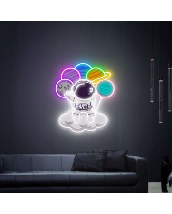 Light Up Your Space Adventures: Astronauts Sitting On Cloud Space UV Neon Sign Perfect for Kids’ Rooms, Home Offices, and Sci-Fi Themed Parties.