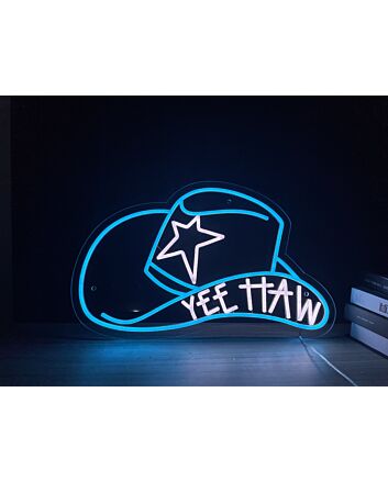 Transform Your Space: Cowboy Hat With Yee Haw Neon Sign for Chic Home Decor, Vibrant Office Settings, and Buzzing Bar Atmospheres