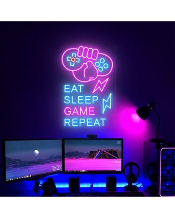 Elevate Your Gaming Sanctuary: Eat Sleep Game Repeat Neon Sign for Game Room, Home Office, and Fun-Themed Parties
