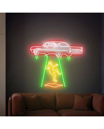 Elevate Your Space with Adventure: Perfect for Kids&#039; Rooms, Themed Parties, and Sci-Fi Bars - Flying Car Led Neon Sign Kidnapping Alien Neon Light Sign