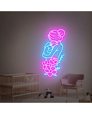 Brighten Up Your Space: Mom Baby Flower Led Neon Sign for Aesthetic Room Decor, Perfect Gift for New Moms and Ideal for Celebrations, Home Nurseries, and Relaxing Office Environments.