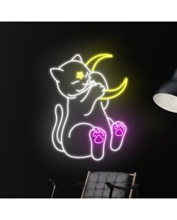 Brighten Your Space: Cat And Moon Led Sign For Animal Lovers - Perfect for Home Decor, Office Ambiance, and Cozy Cafe Corners