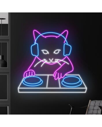 Bring the Beat to Your Space with Cat Playing DJ LED Sign - A Perfect Neon Light for Home, Bars, Clubs, and Cat Lovers&#039; Gatherings.