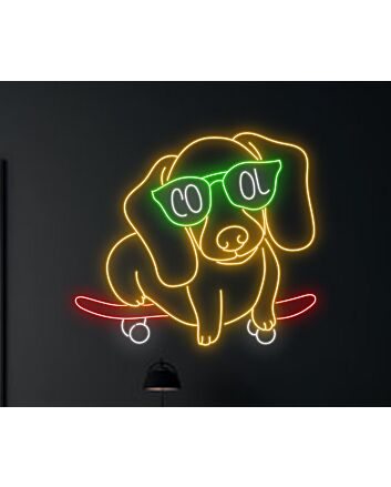 Brighten Up Your Bar or Bedroom with the Cool Dachshund Skateboarding LED Neon Sign - Perfect for Dog Lovers and Skate Enthusiasts