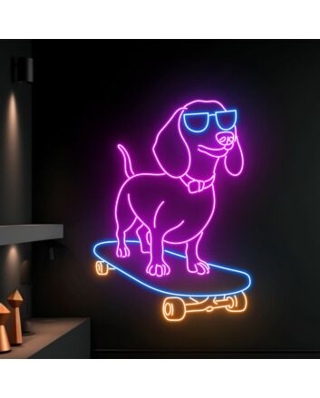 Brighten Up Your Home, Office, or Skate Shop with the Cute Dog Skateboarder Led Sign Dachshund Neon Light in Purple - Perfect for Room Decor, Store Displays, and Themed Parties.
