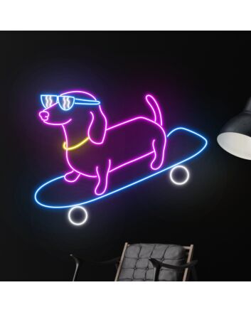 Brighten Your Space: Cute Dog Skateboarder Led Sign Dachshund Neon Light, Perfect for Home Decor, Offices, and Pet Shops.