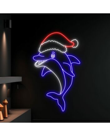 Brighten Up Your Festivities: Dolphin Christmas Hat Led Neon Sign for Sea Animal Enthusiasts - The Perfect Addition to Home Decor, Office Celebrations, and Holiday Parties.
