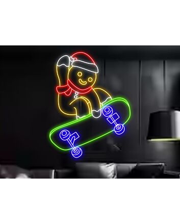 Brighten Up Your Holidays: Perfect for Christmas Decor, Parties, and Kids Rooms - Gingerbread Man Skateboarding Led Neon Sign.