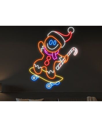 Brighten Your Festive Season: Perfect for Christmas Decor, Parties, and Store Windows with Gingerbread Man Skateboarding Led Neon Sign Xmas Neon Light.