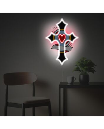 Cross With Red Heart LED Neon Acrylic Artwork