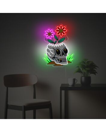 Daisies With Skull Head Vase LED Neon Acrylic Artwork
