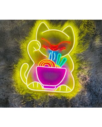 Lucky Cat Eating Noodles Neon Sign