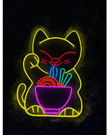 Lucky Cat Eating Noodles Neon Sign