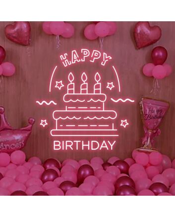 Big Happy Birthday Text with Cake Neon Sign