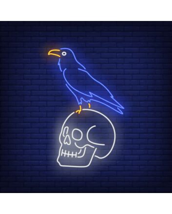 Crow Sitting Human Skull Neon Sign