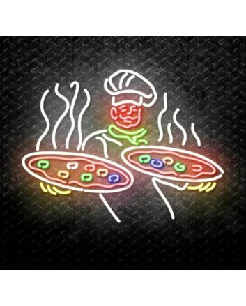 A Chef With Two Plates Of Pizza Neon Sign