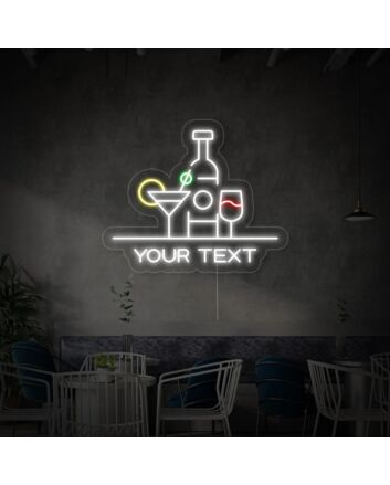 Bar Bottles Neon Cocktail Sign On Grey Background