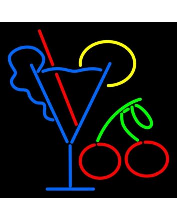 Neon Cocktail Sign With Red Cherry For Bar