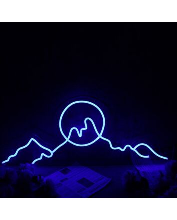 Silhouette Of Mountains And Sun Blue Neon Sign